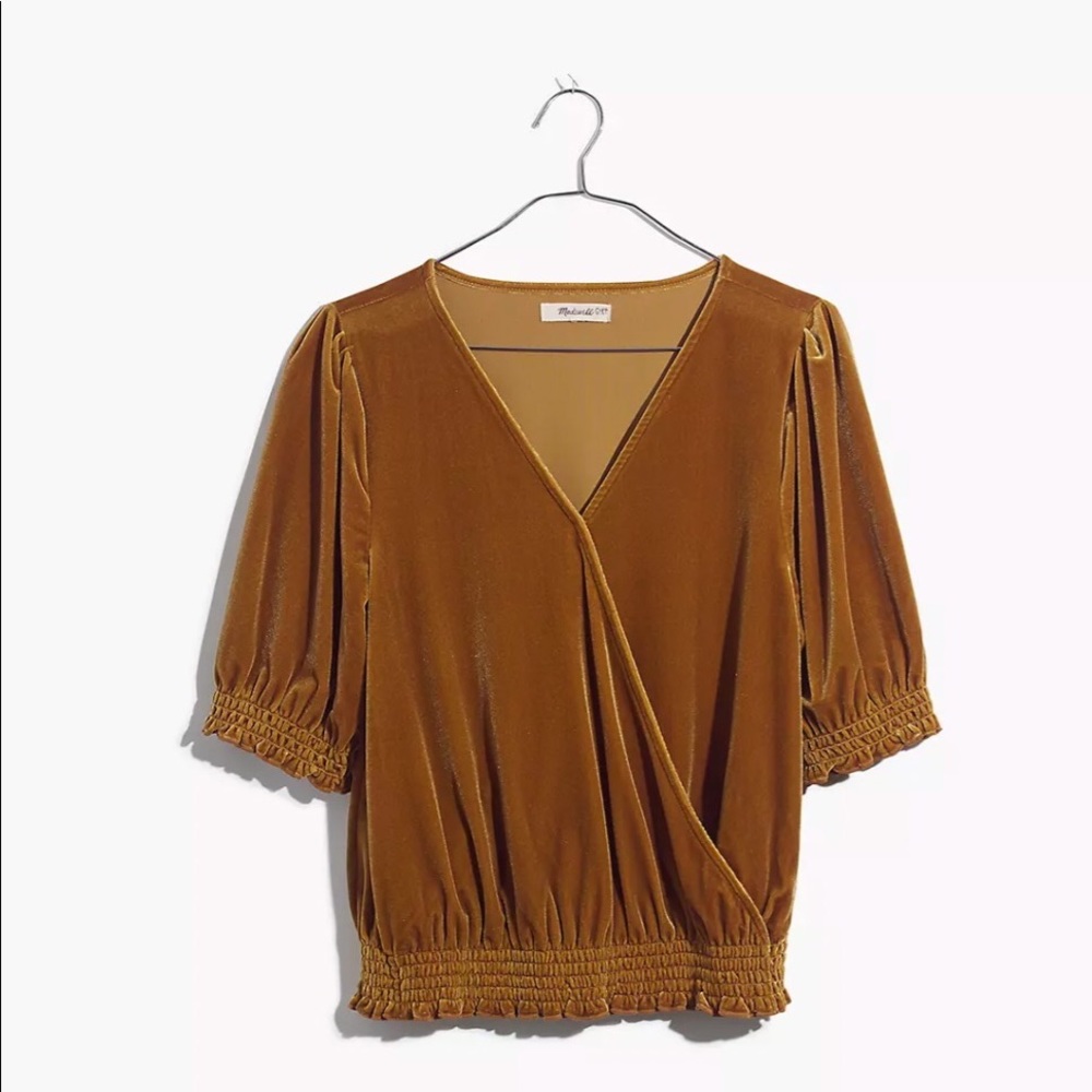 Madewell Velvet Smocked Crossover Top Mustard Yellow